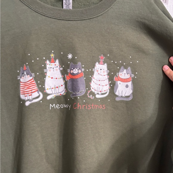 Gildan Green Meowy Christmas Cat Print Sweatshirt Pullover 2XL Cozy Holiday - Picture 3 of 7